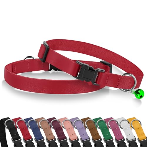 Breakaway Cat Collar with Bell - Leather Adjustable Kitten Collars with Safety Quick Release Buckle - Soft Small Pet Collars for Girl & Boy Cats (Red) - color: Red