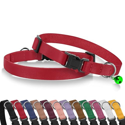 Breakaway Cat Collar with Bell - Leather Adjustable Kitten Collars with Safety Quick Release Buckle - Soft Small Pet Collars for Girl & Boy Cats (Red) - color: Red
