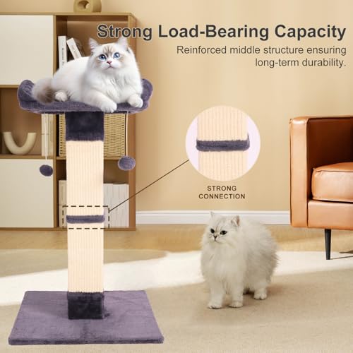 34" Cat Scratching Post for Indoor Cats, Sisal Cat Scratcher with Large Plush Perch, Vertical Posts with Elevated Bed and with Two Dangling Balls, Removable & Washable Cover, Dark Grey - color: Dark grey