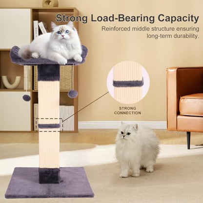 34" Cat Scratching Post for Indoor Cats, Sisal Cat Scratcher with Large Plush Perch, Vertical Posts with Elevated Bed and with Two Dangling Balls, Removable & Washable Cover, Dark Grey - color: Dark grey