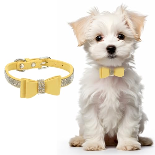 Cute Dog Collar with Bling Rhinestone, Bling Dog Collar Adjustable Leather Diamond Sparkling Jewel Accessories 15", (Yellow), Intended for Teacup/Cat/Small Medium Large Pet - color: Yellow, size: 15 Inch