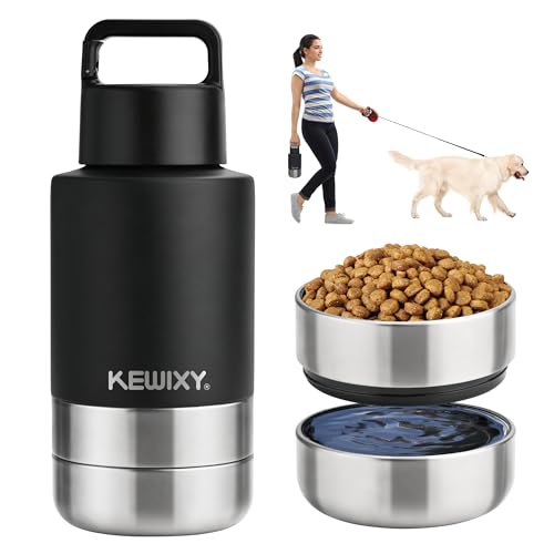 KEWIXY Insulated Dog Travel Water Bottle with Detachable Bowls, 3 in 1 Portable Dog Water Bottle Dispenser, Dog Accessories for Walking, Hiking, Camping, Outdoor (Black, 32 Oz) - color: Black