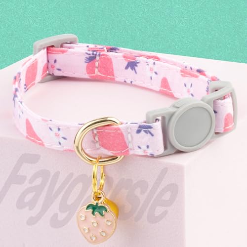 Faygarsle 2 Pack Breakaway Cat Collar with Bells for Female Girl Cats Cute Pink Collar with Peach Strawberry Charm Summer for Cats - color: Pink