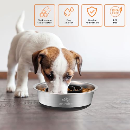 2-in-1 Metal Dog Bowl with Slow Feeder Insert, Stainless Steel Dog Bowls Food Grade 304, Water Food Bowl with Anti-Slip Silicone Base for Small, Medium, Large Dogs - color: Black, size: 5 Cups