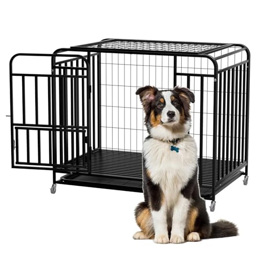 37-Inch Medium Dog Crate with Divider, Double Door Folding Alloy Metal Wire Cage with Leak-Proof Plastic Tray, Portable Pet Kennel for Indoor, Outdoor, and Travel,Black
