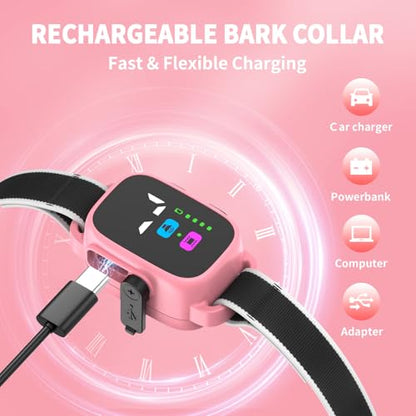 Anti-Bark Collar for Small Dogs, No Shock Anti Barking Collars with 7 Sensitivities, 3 Adjustable Modes Beep & Vibration, IP67 Waterproof - Effective & Humane, Sweet Pink