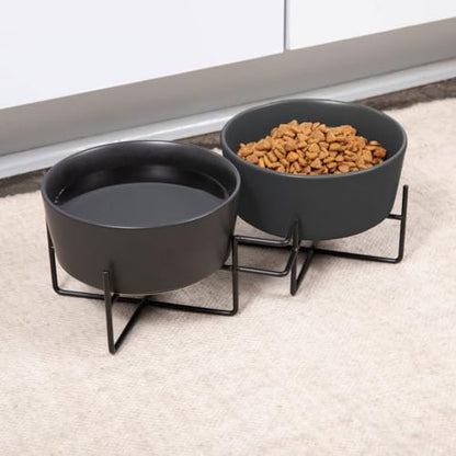 Waggo Simple Solid Double Dog Bowl Stand - Double Iron Stand with Ceramic Feeders, Elevated Pet Feeder for Small or Large Breeds (Matte Black, Small) - size: Small