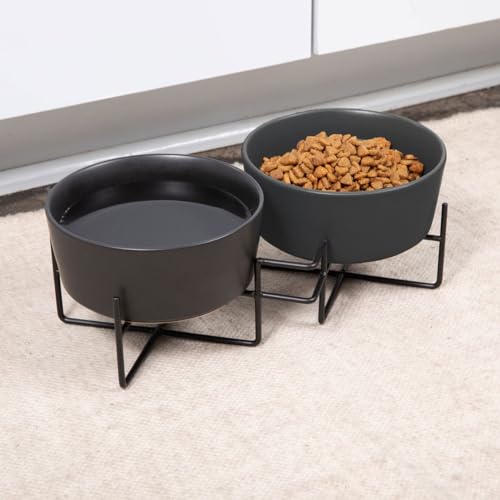 Waggo Simple Solid Double Dog Bowl Stand - Iron Stand with Ceramic Feeder and Water Bowl, Elevated Pet Feeder (Matte Black, Large) - size: Large