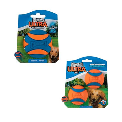 Chuckit! Ultra & Squeaker Ball Dog Toy - Medium Bouncy Fetch Balls for Dogs 20-60 lbs - Made from Durable Rubber - Floating Water Pet Toys - Size Medium - 2.5-inch Diameter - Pack of 3 - size: Medium, style: Squeaker & Ultra