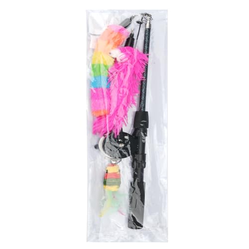 Pawaboo Cat Teaser Wand Toys, Cat Fishing Pole Toy with 3 Pack Feather Refills, 3-section Retractable Kitten Feather Toys with Pulley, Indoor Cats Teaser Catcher Exerciser with Bell,Rainbow + Rose Red - color: Plush-Rainbow