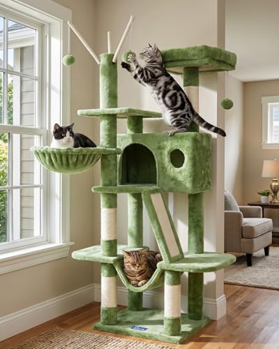 Hey-brother Cat Tree, 53 inch Cat Tower for Indoor Cats, Cat House with Padded Platform Bed, Toy Balls, Large Cozy Condo, Hammocks and Sisal Scratching Posts, Green MPJ019-SGR - color: Green