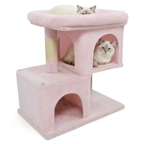 Tangkula Small Cat Tree for Indoor Cats, 25.5 Inch Cat Tower with Sisal Scratching Posts, 2 Large Cat Condos with Padded Top Perch, Modern Cat Climbing Furniture for Adult Cats & Kittens (Pink) - color: Pink