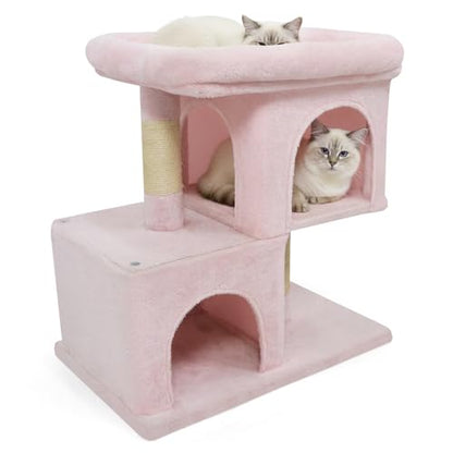 Tangkula Small Cat Tree for Indoor Cats, 25.5 Inch Cat Tower with Sisal Scratching Posts, 2 Large Cat Condos with Padded Top Perch, Modern Cat Climbing Furniture for Adult Cats & Kittens (Pink) - color: Pink