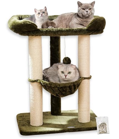 Happi N Pets 28" Cat Tree, Large Bed for Big Cats, Small Cat Tower with Soft Perch for Window Viewing, Stable Cat Tree Tower, Cat Scratching Post with Hammock, Removable Cover-Green - color: Olive Green