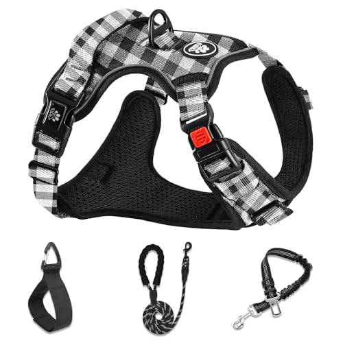 Dog Harness (Checkered Black,S) with Leash, Reflective, Adjustable, Soft Padded, Easy Control Handle, for Small Dogs, Front & Rear Clip Design - color: Checkered Black, size: 【S】neck 11-15" chest 15-21"