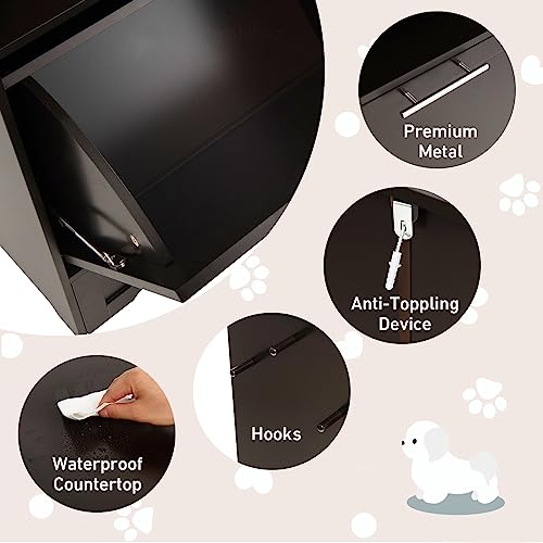 Dog Food Cabinet Feeding Station with 2 Raised Bowls, Pull Out Elevated Dog Bowl, Storage, 3 Hangers, Pet Feeder Toy Leashes Organizer, Brown - color: Brown
