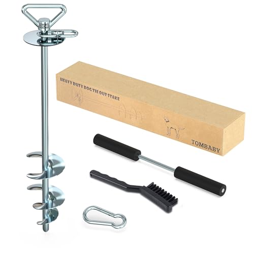 TOMBABY Heavy Duty Dog Tie Out Stake 304 Stainless Steel Dog Runner, Ground Anchor with 360° Swivel & Anti-Tangle,Use Any for to 210LBS Dogs- Dog Stakes for Outside Camping, Suitable for Any Dog Cable - color: 17''silver