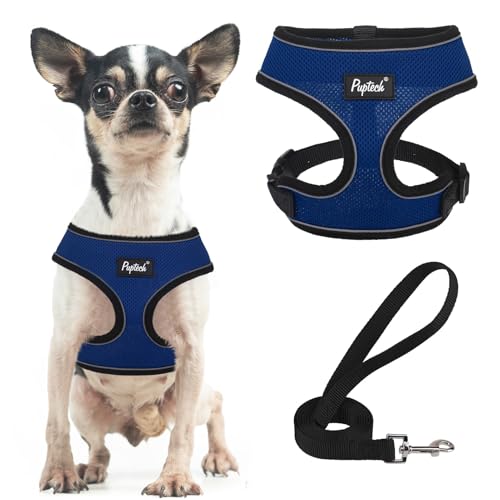PUPTECK Soft Mesh Dog Harness and Leash Set Pet Puppy Cat Comfort Padded Vest No Pull Harnesses, Solid NavyBlue, XS - color: NavyBlue, size: XS (NECK: 10", CHEST: 10"-14")