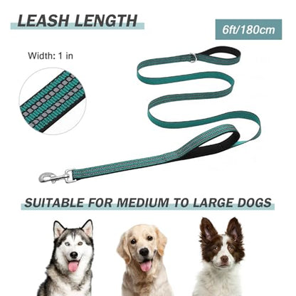 Hikiko 6 FT Heavy Duty Dog Leash with 2 Padded Handles Reflective Nylon Double Handle Dog Leash, Dark Green - color: Dark Green, size: 1 in x 6 ft