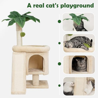 Meowoou Palm Cat Tree Tower for Indoor Cats with Cozy Cat Condo, 33'' Natural Sisal Scratching Posts and Plush Pom-pom for Small Kitty - size: 33 in Cat Tree