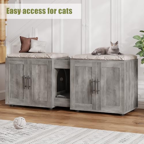 Garvee Cat Litter Box Enclosure for 2 Cats, 55" Hiddden Litter Box Enclosure Furniture 3-in-1 Wooden Litter Cabinet with Barn Door & Double Rooms for Bedroom Living Room, Gray - color: Gray