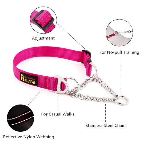 Plutus Pet Martingale Dog Collar with Stainless Steel Chain and Reflective Nylon, Adjustable No Pull Training Collar, for Small Medium, and Large Dogs, Hot Pink, M - color: Hot Pink, size: Medium