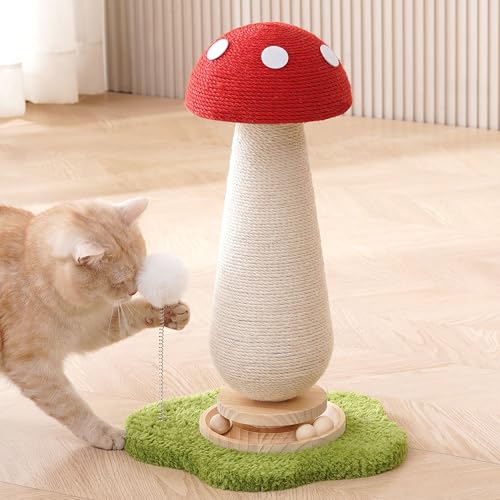 Mushroom Cat Scratching Post Cat Tree, 21.5‘’ H Cute Cat Scratcher Tower with Durable Solid Wood Turntable Toy, Mushroom Scratch Post Cat Sisal Scratcher with Catnip for Indoor Adult Cats - color: Mushroom