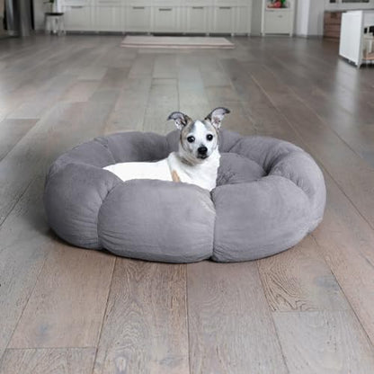 Sherry Kline Pets “Daisy Round” Donut Shape Calming Bed for Dogs and Cats, from Soft Faux Fur, Available in 4 Sizes, Machine Washable - color: Grey, size: Large