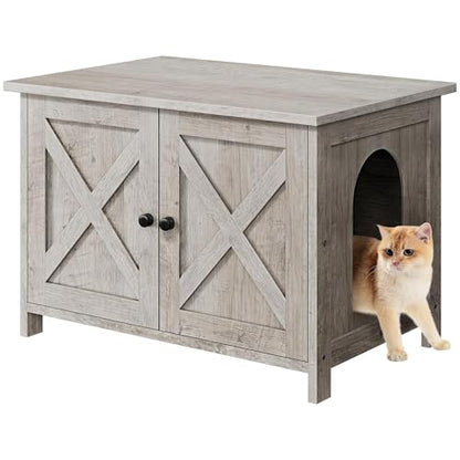Shintenchi Cat Litter Box Enclosure, Litter Box Furniture Cabinet Hidden with Removable Divider, Wooden Cat House with End Table, Light Grey Oak, 31.5 inch - color: Light Grey Oak