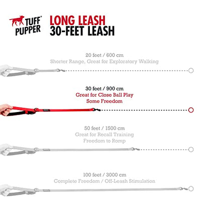 Tuff Pupper Heavy Duty Long Dog Leash | 30 Foot | Buckle Handle | Dog Recall Training Leash | High Visibility Nylon Webbing Leash | Rust Resistant Swivel Clasp/Clip Provides for Tangle Free Use - size: 30 Foot