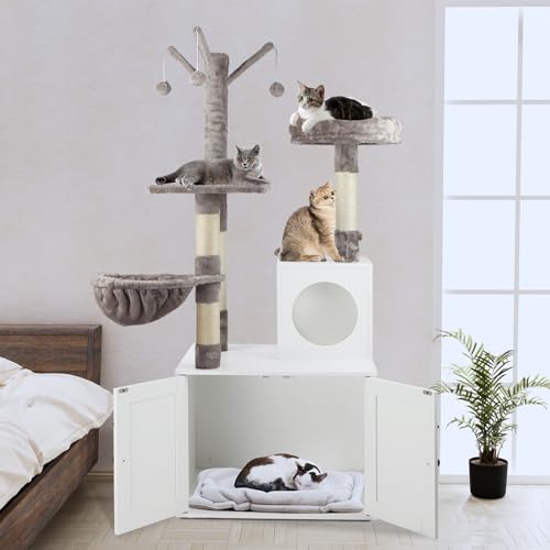 Timberer Litter Box Enclosure with Cat Tree, 2-in-1 Hidden Litter Box Furniture with Scratching Post, Modern Cat Condo, White - color: White