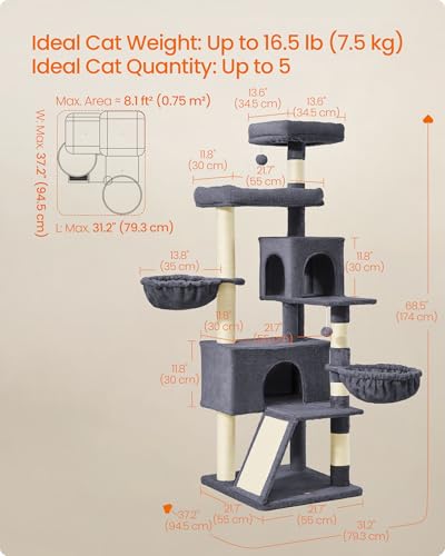Feandrea Cat Tree, 68.5-Inch Tall Cat Tower, Multi-Level Plush Condo with Large Perch, Scratching Posts, Double Caves, Dark Gray UPCT006G02 - color: Dark Gray