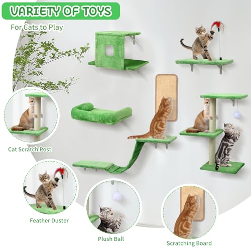 Cat Wall Shelves, 6 in 1 Cat Wall Furniture Set with Condos House, Bed, Bridge, Tree, Steps, Scratching Board, DIY Walls Playground for Indoor (Green) - color: Green