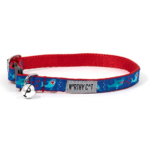 THE WORTHY DOG Chomp Cat Collar with Bell, Adjustable Nylon Safety Collar, Blue, One Size - color: Blue-Chomp