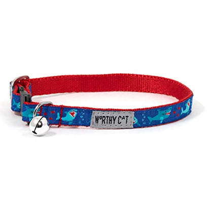 THE WORTHY DOG Chomp Cat Collar with Bell, Adjustable Nylon Safety Collar, Blue, One Size - color: Blue-Chomp