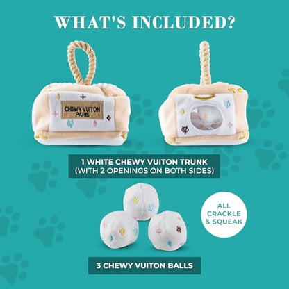 Haute Diggity Dog Chewy Vuiton Trunk Puzzle with 3 Plush Squeaky Dog Toys, Soft Durable Designer-Inspired Stuffed Puppy Chew Toys for Small & Medium Dogs, Machine-Washable (White) One Size - color: White Trunk, size: One Size