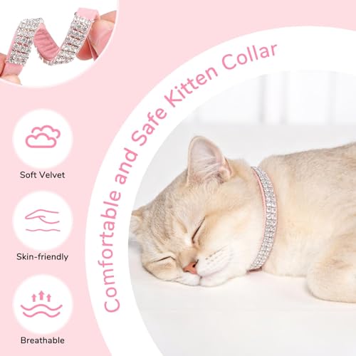 BINGPET Diamond Cat Collar with Bell, Adjustable Soft Velvet Bling Rhinestone Cat Collar, Sparkly Kitten Collar with Safety Elastic & Metal Buckle for Small Medium Cats - color: Pink(Rhinestones), size: Neck Girth 8"-10"