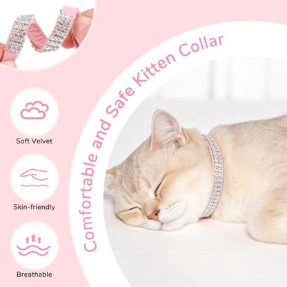BINGPET Diamond Cat Collar with Bell, Adjustable Soft Velvet Bling Rhinestone Cat Collar, Sparkly Kitten Collar with Safety Elastic & Metal Buckle for Small Medium Cats - color: Pink(Rhinestones), size: Neck Girth 8"-10"