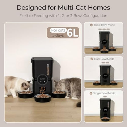 Automatic Cat Feeder for 3 Cats with Slow Feed, 6L Smart WiFi Pet Feeder, 2.4G & 5G Dual-Band, Battery Powered with 15-Day Battery Life, for Cats & Small Dogs (Black) - color: Black