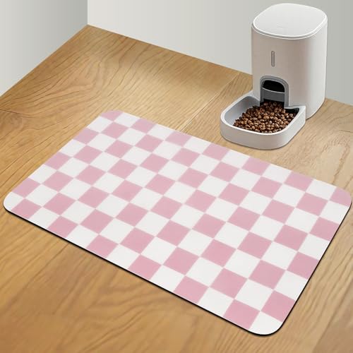 CooRug Checkered Dog Food Mat, Absorbent Leak-Proof Pet Feeding Mat, Quick Dry Cat Food Mat for Messy Drinkers 16" x 24" Pink - color: Pink, size: 16" x 24"