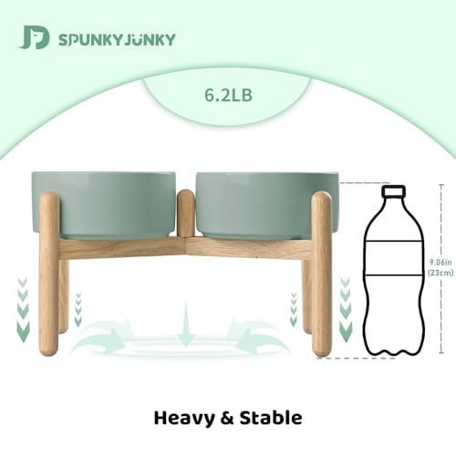 SPUNKYJUNKY Ceramics Elevated Dog Bowls with Wooden Stand Raised Bowl for Medium Large Dog Food and Water Pet Feeding Bowl(Double 60OZ Bowls,Light Green) - color: Light Green (Double Bowls Set), size: Large - 7.6 CUPS