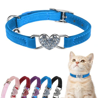 BINGPET Diamond Cat Collar,Adjustable Soft Velvet Leather Safe Kitten Collar with Crystal Heart Charm and Bells,Girl Boy Bling Stylish Cat Collars with Safety Elastic (Blue, Neck Girth 8"-10") - color: Blue(Heart), size: Neck Girth 8"-10"