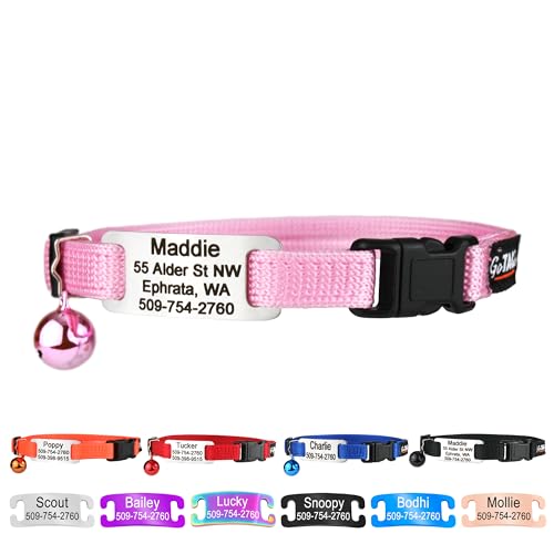 GoTags Personalized Cat Collars with Tag, Engraved Custom Cat Collar with Name and Phone, Breakaway Collar with Safety Buckle and Bell, Adjustable for Cats and Kitten (Pink with Nameplate) - color: Pink, size: One-Size (Classic)