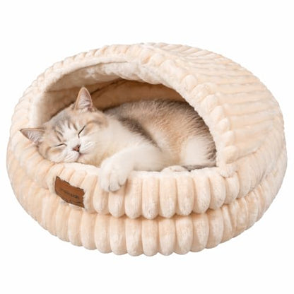 Cat Cave Bed for Indoor Cats, Washable Covered Cat Bed Hooded Kitty Bed Soft Fluffy Pet Bed for Puppy and Small Dog(White) - color: White