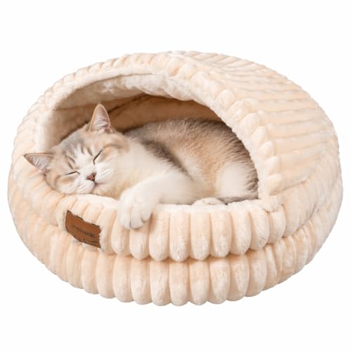 Cat Cave Bed for Indoor Cats, Washable Covered Cat Bed Hooded Kitty Bed Soft Fluffy Pet Bed for Puppy and Small Dog(White) - color: White