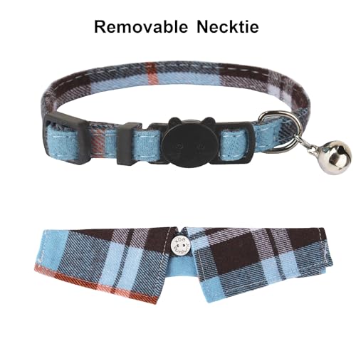 ADOGGYGO Cat Collar Breakaway with Bowtie Bell, Removable Shirt Collar, 2 Pack Beige Blue Plaid Collars for Cat Kitten - color: Beige&Blue-3