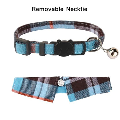 ADOGGYGO Cat Collar Breakaway with Bowtie Bell, Removable Shirt Collar, 2 Pack Beige Blue Plaid Collars for Cat Kitten - color: Beige&Blue-3