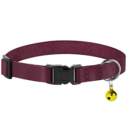 Breakaway Cat Collar with Bell - Leather Adjustable Kitten Collars with Safety Quick Release Buckle - Soft Small Pet Collars for Girl & Boy Cats (Burgundy) - color: Burgundy