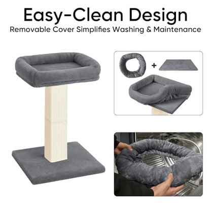 Cat Scratching Post, 32”Cat Scratcher with Large Plush Perch, Sisal & Carpet Scratching Post, Vertical Posts with Elevated Bed for Indoor Cats, Removable& Washable Cover, Grey - color: Grey with Bed