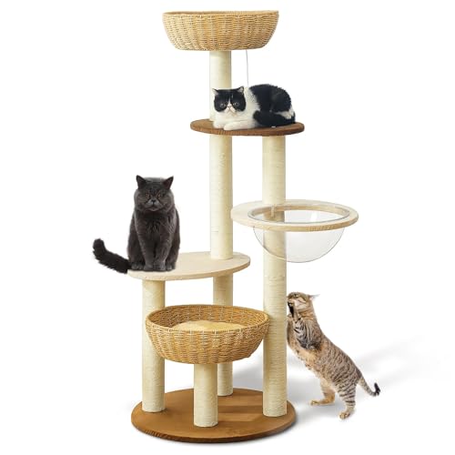 Modern Cat Tree Tower for Large Cats, Real Natural Sisal Luxury Cat Condo, Manual Hand Woven Wood Cat Tower, Indoor Cat Scratching Tree, New Cat Condo Lover Gift - color: Cat Tree Y818